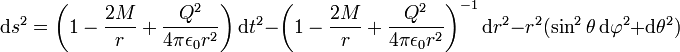 \mathrm{d}s^2 = \left(1-\frac{2M}{r}+\frac{Q^{2}}{4\pi\epsilon_{0}r^2}\right) \mathrm{d}t^2 -\left(1-\frac{2M}{r}+\frac{Q^{2}}{4\pi\epsilon_{0} r^2}\right)^{-1} \mathrm{d}r^2 - r^2(\sin^2\theta\, \mathrm{d}\varphi^2+\mathrm{d}\theta^2)