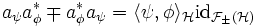 a_\psi a^*_\phi\mp a^*_\phi a_\psi=\langle \psi,\phi\rangle_{\mathcal{H}}\operatorname{id}_{\mathcal{F}_{\pm}(\mathcal{H})}