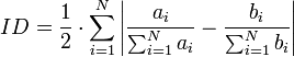 ID = \frac{1}{2}\cdot\sum_{i=1}^N  \left|\frac{a_i}{\sum_{i=1}^N a_i} - \frac{b_i}{\sum_{i=1}^N b_i}\right|
