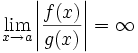 \lim_{x \to a} \left|\frac{f(x)}{g(x)}\right| = \infty