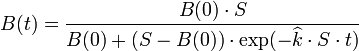 B(t) = \frac{B(0) \cdot S}{B(0)+(S-B(0)) \cdot \exp(-\widehat{k} \cdot S \cdot t)} 