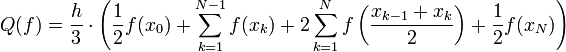 Q(f)=\frac h3 \cdot \left( \frac 12 f(x_0)+\sum_{k=1}^{N-1}f(x_k)+2\sum_{k=1}^{N}f \left( \frac{x_{k-1}+x_k}2 \right)+\frac 12 f(x_N) \right)