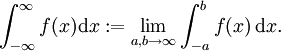 \int_{-\infty}^{\infty} f(x) \mathrm{d}x:= \lim_{a,b \rightarrow \infty} \int_{-a}^b f(x) \,\mathrm{d}x.