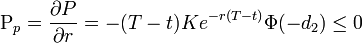 \Rho_p = \frac{\partial P}{\partial r} = -(T - t)Ke^{-r(T - t)}\Phi(-d_2)\le0