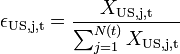 \epsilon_\text{US,j,t}=\frac{X_\text{US,j,t}} {\sum_{j=1}^{N(t)} X_\text{US,j,t}}