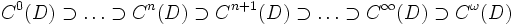 C^0(D) \supset \ldots \supset C^n(D)\supset C^{n+1}(D)\supset \ldots \supset C^\infty(D)\supset C^\omega(D)