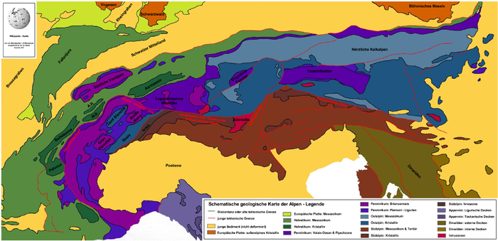 Geologische Skizze der Alpen mit den Bezeichnungen der größeren Untereinheiten.