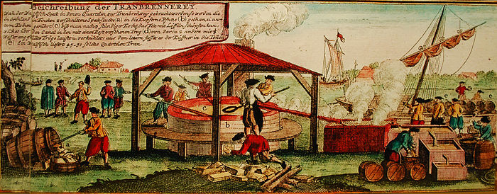 Die Tranbrennerei aus Abbildliche Geschichte der See-Thiere, Balearum Walfische von J.B. Homann. Nürenberg, ca. 1790