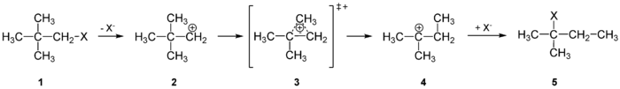 Nach Heterolyse eines Restes X eines Alkyls 1 entsteht ein primäres Carbeniumion 2. Dieses ist nicht so stabil wie ein tertiäres Carbeniumion (4), weswegen es sich in ein solches über ein Zwischenschritt 3 umlagert. Dabei wandert formal eine Alkylgruppe. Schließlich kann ein Nukleophil X angreifen (5).