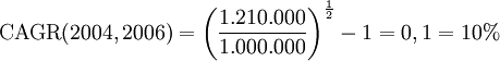 \mathrm{CAGR}(2004,2006) = \left( \frac{1.210.000}{1.000.000} \right)^\frac{1}{2} - 1 = 0,1 = 10%