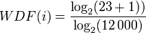 WDF(i)= \frac{\log_2(23+1))}{\log_2(12\,000)}