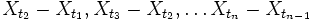  X_{t_2}-X_{t_1}, X_{t_3}-X_{t_2}, \ldots X_{t_n}-X_{t_{n-1}} 