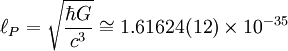  \ell_P =\sqrt{\frac{\hbar G}{c^3}} \cong 1.616 24 (12) \times 10^{-35}