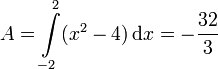 A = \int\limits_{-2}^2 (x^2-4)\,\mathrm dx = -\frac{32}3