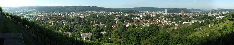 Aussicht vom Bäumli oberhalb des Bahnhofs Grüze, Bildmitte nach Rechts: Stadtkirche, Sulzer-Hochhaus, Swisscom-Hochhaus und KSW-Hochhaus