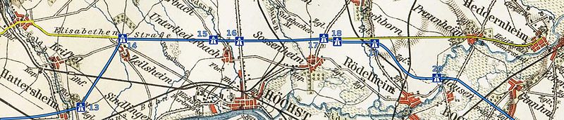 Die Autobahn folgt dem Verlauf der alten Elisabethenstraße (Karte nicht genordet)