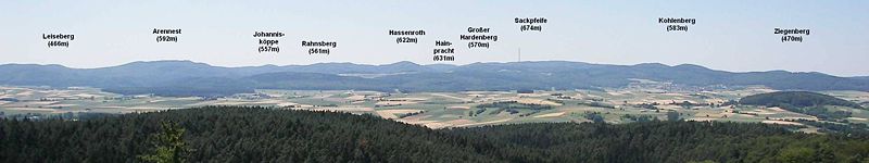 Blick vom Christenberg im Burgwald auf die Sackpfeife und ihre Vorhöhen; davor die Wetschaft-Senke