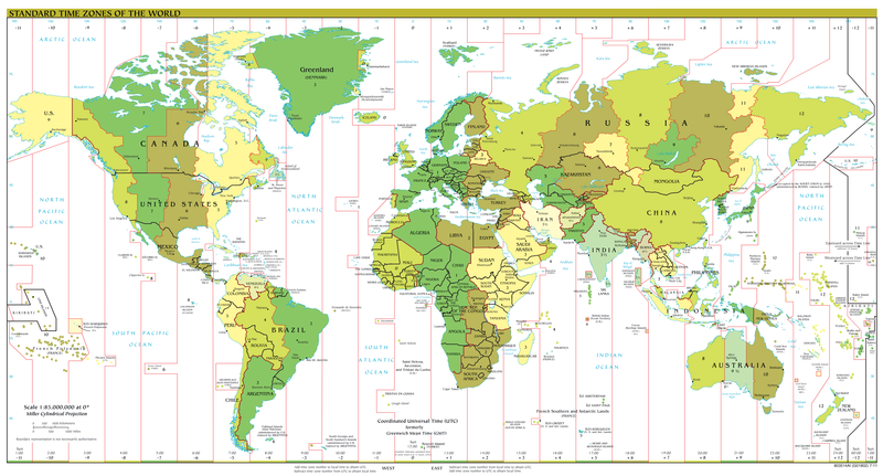 Weltkarte mit Zonen gleicher Normalzeit beziehungsweise Winterzeit (Stand: September 2011)