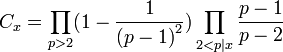 C_x =\prod_{p &amp;amp;gt; 2} (1 - \frac{1}{{(p-1)}^2}) \prod_{2 &amp;amp;lt; p \mid x}\frac{p-1}{p-2}