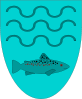 Das Wappen von Leutra zeigt drei übereinander angeordnete Wellenlinien und eine Bachforelle, das Wahrzeichen von Leutra, auf blauem Grund.