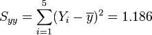 S_{yy}=\sum_{i=1}^{5} (Y_i-\overline{y})^2= 1.186
