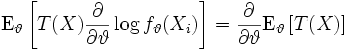 
\mathrm{E}_{\vartheta}
\left[
  T(X) \frac{\partial}{\partial\vartheta} \log f_{\vartheta}(X_i)
\right]
= 
\frac{\partial}{\partial\vartheta} \mathrm{E}_{\vartheta}
\left[
  T(X)
\right]
