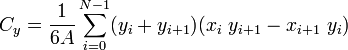 C_y = \frac{1}{6A}\sum_{i=0}^{N-1}(y_i+y_{i+1})(x_i\ y_{i+1} - x_{i+1}\ y_i)