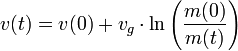 v(t) = v(0) + v_g \cdot \ln\left(\frac{m(0)}{m(t)}\right)