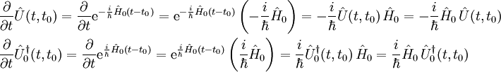 
\begin{align}
&amp;amp;\frac{\partial }{\partial t}\hat{U}(t,t_{0})=\frac{\partial }{\partial t}\operatorname{e}^{-\frac{i}{\hbar }\hat{H}_{0}(t-t_{0})}=\operatorname{e}^{-\frac{i}{\hbar }\hat{H}_{0}(t-t_{0})}\left( -\frac{i}{\hbar }\hat{H}_{0} \right)=-\frac{i}{\hbar }\hat{U}(t,t_{0})\,\hat{H}_{0}=-\frac{i}{\hbar }\hat{H}_{0}\,\hat{U}(t,t_{0})\\
&amp;amp;\frac{\partial }{\partial t}\hat{U}_{0}^{\dagger }(t,t_{0})=\frac{\partial }{\partial t}\operatorname{e}^{\frac{i}{\hbar }\hat{H}_{0}(t-t_{0})}=\operatorname{e}^{\frac{i}{\hbar }\hat{H}_{0}(t-t_{0})}\left( \frac{i}{\hbar }\hat{H}_{0} \right)=\frac{i}{\hbar }\hat{U}_{0}^{\dagger }(t,t_{0})\,\hat{H}_{0}=\frac{i}{\hbar }\hat{H}_{0}\,\hat{U}_{0}^{\dagger }(t,t_{0})
\end{align}
