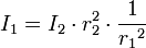 
I_1 = I_{2} \cdot {r_{2}^2} \cdot \dfrac{1}{{r_1}^2} \,
