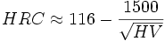 HRC \approx 116 - \frac{1500}{\sqrt{HV}}
