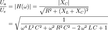 \begin{align}
\frac{U_a}{U_e} &amp;amp;amp;= \vert H(\omega) \vert = \frac{\vert X_C \vert}{\sqrt{R^2+(X_L+X_C)^2}}\\
&amp;amp;amp;=\sqrt{\frac{1}{\omega^4 \, L^2 \, C^2 + \omega^2 \, R^2 \, C^2 - 2 \, \omega^2 \, L \, C + 1 }} \end{align}