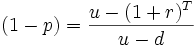 (1-p)=\frac{u-(1+r)^T}{u-d} \ 