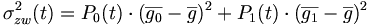 \sigma_{zw}^2(t) = P_0(t)\cdot(\overline{g_0} - \overline{g})^2 + P_1(t)\cdot(\overline{g_1} - \overline{g})^2