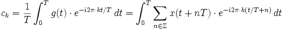 c_k=\frac1T\int_{0}^{T} g(t)\cdot e^{-i2\pi\cdot kt/T}\,dt
=\int_{0}^{T} \sum_{n\in\mathbb Z}x(t+nT)\cdot e^{-i2\pi\cdot k(t/T+n)}\,dt