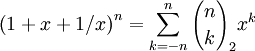 \left(1+x+1/x\right)^n=\sum_{k=-n}^{n}{n\choose k}_2 x^k