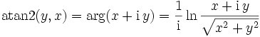 
\operatorname{atan2}(y,x) =\arg(x+\mathrm i\,y) =\frac{1}{\mathrm i}\ln\frac{x+\mathrm i\,y}{\sqrt{x^2+y^2}}
