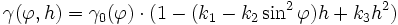
\gamma(\varphi,h) = \gamma_0(\varphi)\cdot(1-(k_1-k_2\sin^2\varphi)h+k_3 h^2)
