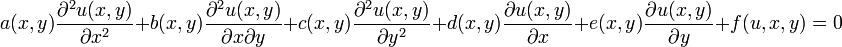  a(x,y) \frac{\partial^2 u(x,y)}{\partial x^2} + b(x,y) \frac{\partial^2 u(x,y)}{\partial x \partial y} + 
c(x,y) \frac{\partial^2 u(x,y)}{\partial y^2} + d(x,y) \frac{\partial u(x,y)}{\partial x} + e(x,y) \frac{\partial u(x,y)}{\partial y} + f(u,x,y) = 0 