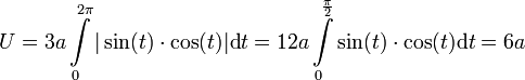 U = 3a\int\limits_0^{2\pi}|\sin(t)\cdot\cos(t) |\mathrm dt = 12a\int\limits_0^{\frac{\pi}{2}}\sin(t)\cdot\cos(t)\mathrm dt = 6a