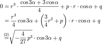 \begin{align}
0&amp;amp;amp;=r^3\cdot\frac{\cos 3\alpha+3\cos\alpha}4 + p\cdot r\cdot\cos\alpha+q \\
 &amp;amp;amp;=\frac{r^3}4 \cos 3\alpha + \left(\frac34r^2 + p\right)\cdot r\cdot\cos\alpha+q \\
 &amp;amp;amp;\,\stackrel{(2)}= \sqrt{-\frac{4}{27}\,p^3}\cdot\cos 3\alpha+q
\end{align}