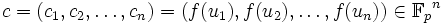 c=(c_1,c_2,\dots,c_n)=\left(f(u_1),f(u_2),\dots,f(u_n)\right)\in\mathbb F_p{}^n