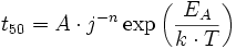 t_{50} = A \cdot j^{-n}\exp\left(\frac{E_A}{k\cdot T}\right) 