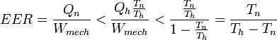  EER = \frac {Q_n}{W_{mech}} &amp;amp;lt; \frac{Q_h \frac{T_n}{T_h}}{W_{mech}} &amp;amp;lt; \frac {\frac{T_n}{T_h}}{1 - \frac{T_n}{T_h} } = \frac {T_n}{T_h -T_n}