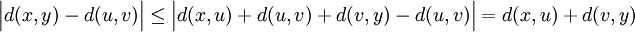 \Big| d(x,y) - d(u,v)\Big| \leq \Big| d(x,u) + d(u,v) + d(v,y) - d(u,v) \Big| = d(x,u) + d(v,y)