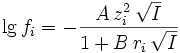  \lg f_i = -\frac{A\, z_i^2\, \sqrt{I}}{1+B\, r_i\, \sqrt{I}}