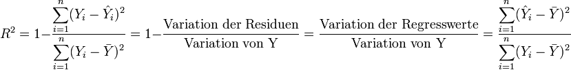 R^2 = 1-\frac{\displaystyle\sum_{i=1}^n (Y_i - \hat{Y}_i)^2}{\displaystyle\sum_{i=1}^n (Y_i - \bar{Y})^2}= 1-\frac{\mbox{Variation der Residuen}}{\mbox{Variation von Y}} = \frac{\mbox{Variation der Regresswerte}}{\mbox{Variation von Y}}=
\frac{\displaystyle\sum_{i=1}^n (\hat{Y}_i- \bar{Y})^2}{\displaystyle\sum_{i=1}^n (Y_i - \bar{Y})^2} 