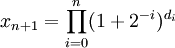 x_{n+1} = \prod_{i=0}^n (1+2^{-i})^{d_i}