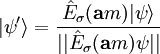 |\psi'\rangle=\frac{\hat E_\sigma(\mathbf{a}m)|\psi\rangle} {||\hat E_\sigma(\mathbf{a}m)\psi||}