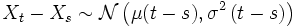 X_t -X_s \sim \mathcal{N}\left(\mu (t-s), \sigma^2 \left(t-s\right) \right)
